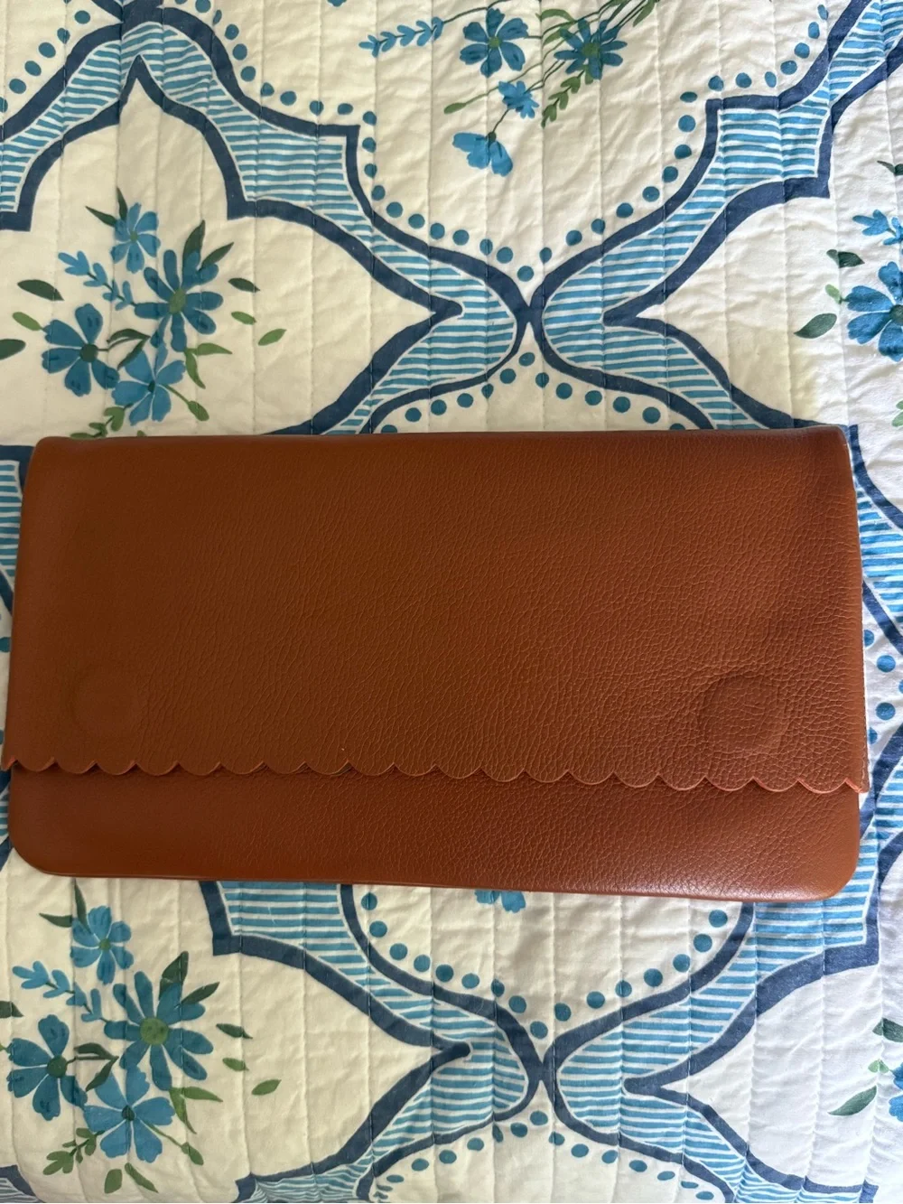 Scalloped Flap Leather Clutch - Cognac Brown